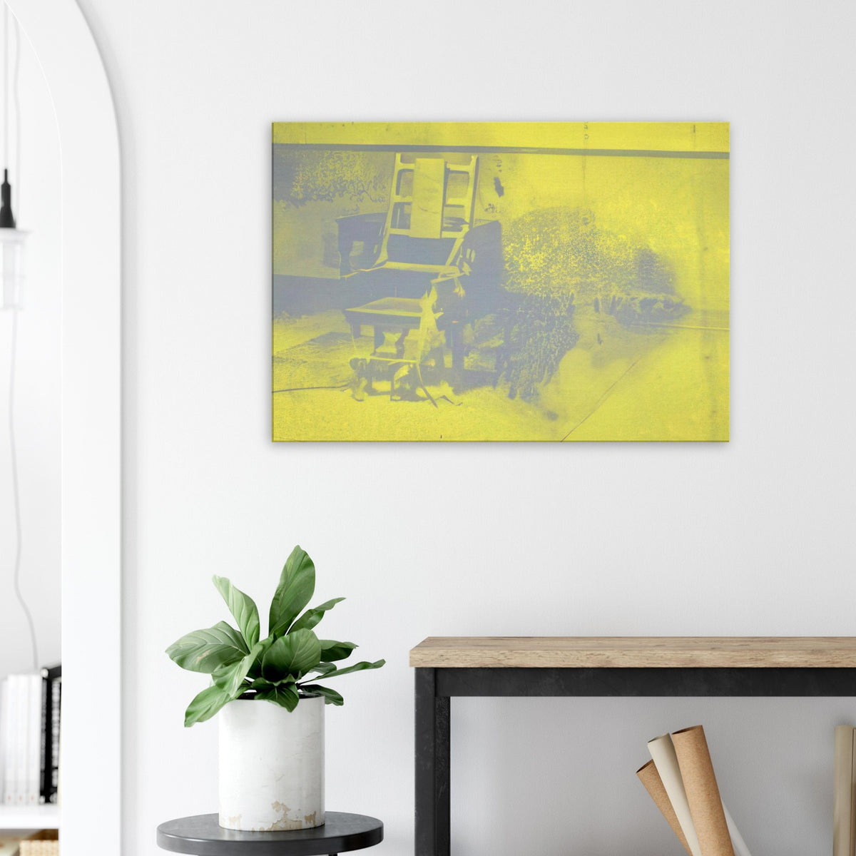 Andy Warhol canvas print depicting the stark chair, its surroundings and the tense emptiness of the room, a detail that connects the composition to its broader artistic subject