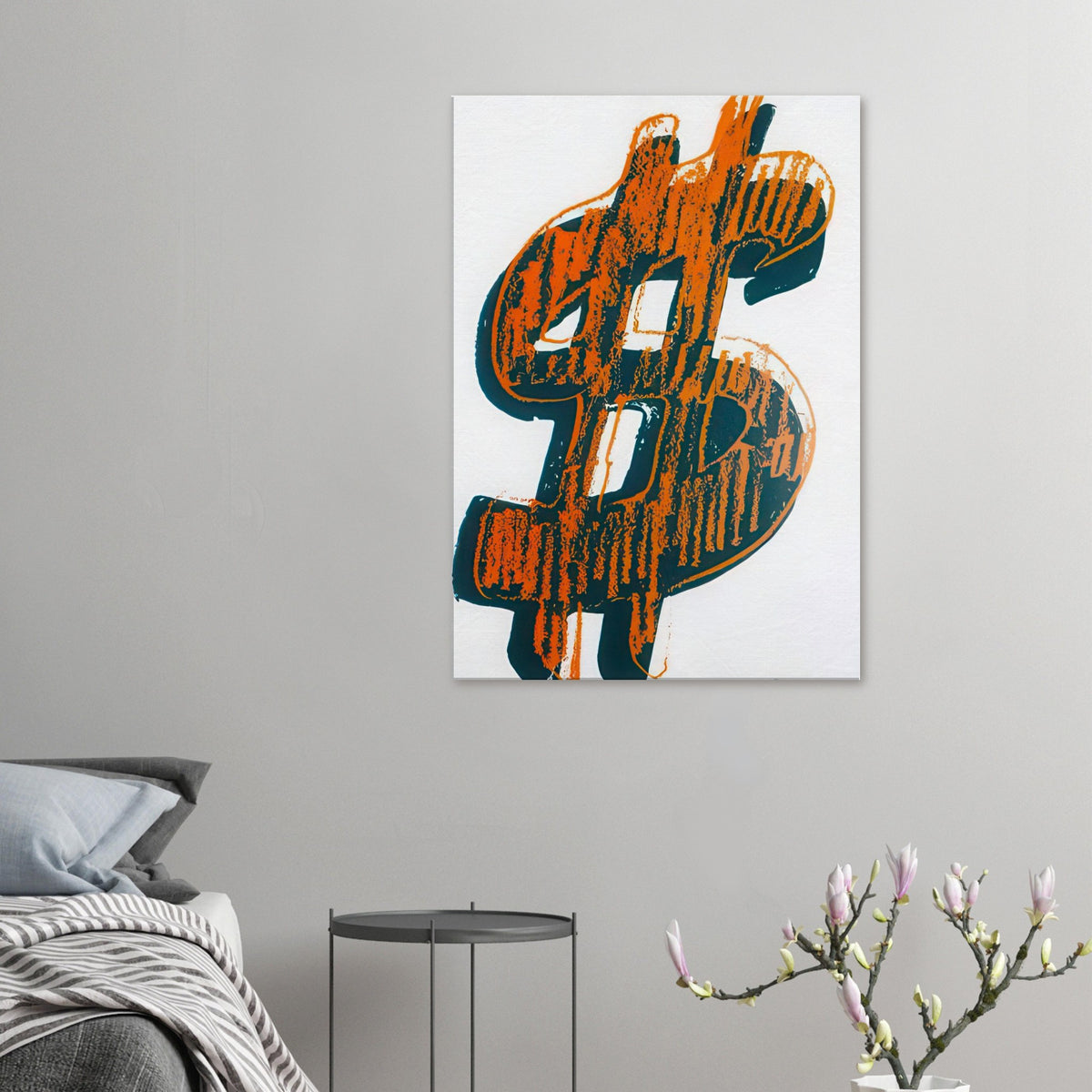 Andy Warhol canvas print depicting the repeated or isolated currency mark operates like a logo: simple, recognizable and assertive