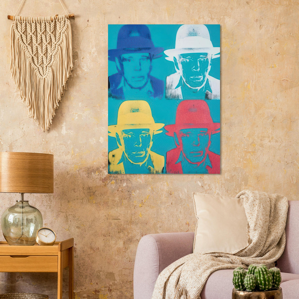 Andy Warhol poster depicting the portrait is direct and intense: the hat and centered face make Beuys recognizable, while the print’s graphic treatment pushes the likeness toward iconography