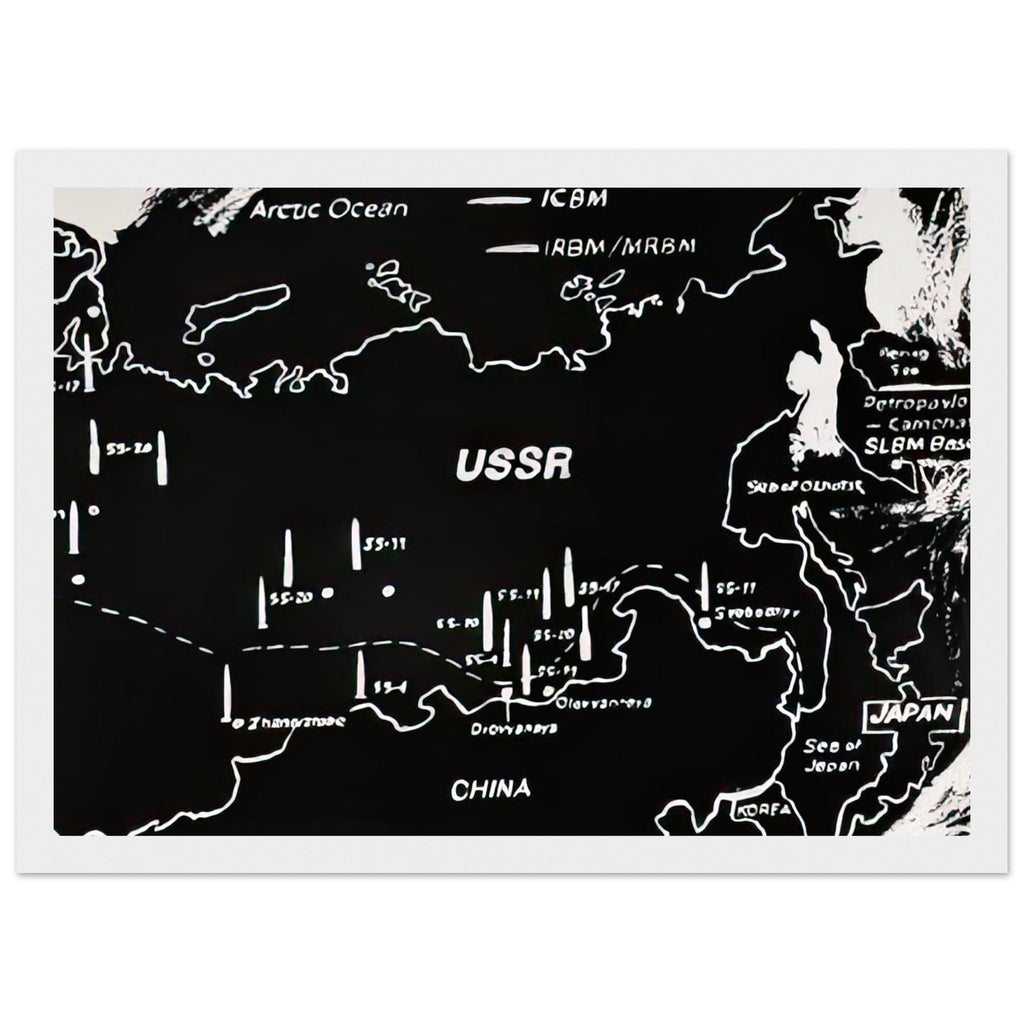 Andy Warhol framed print depicting cartographic outlines and strategic map markings, a detail that connects the composition to its broader artistic subject, white frame, 21x29.7 cm / 8x12"