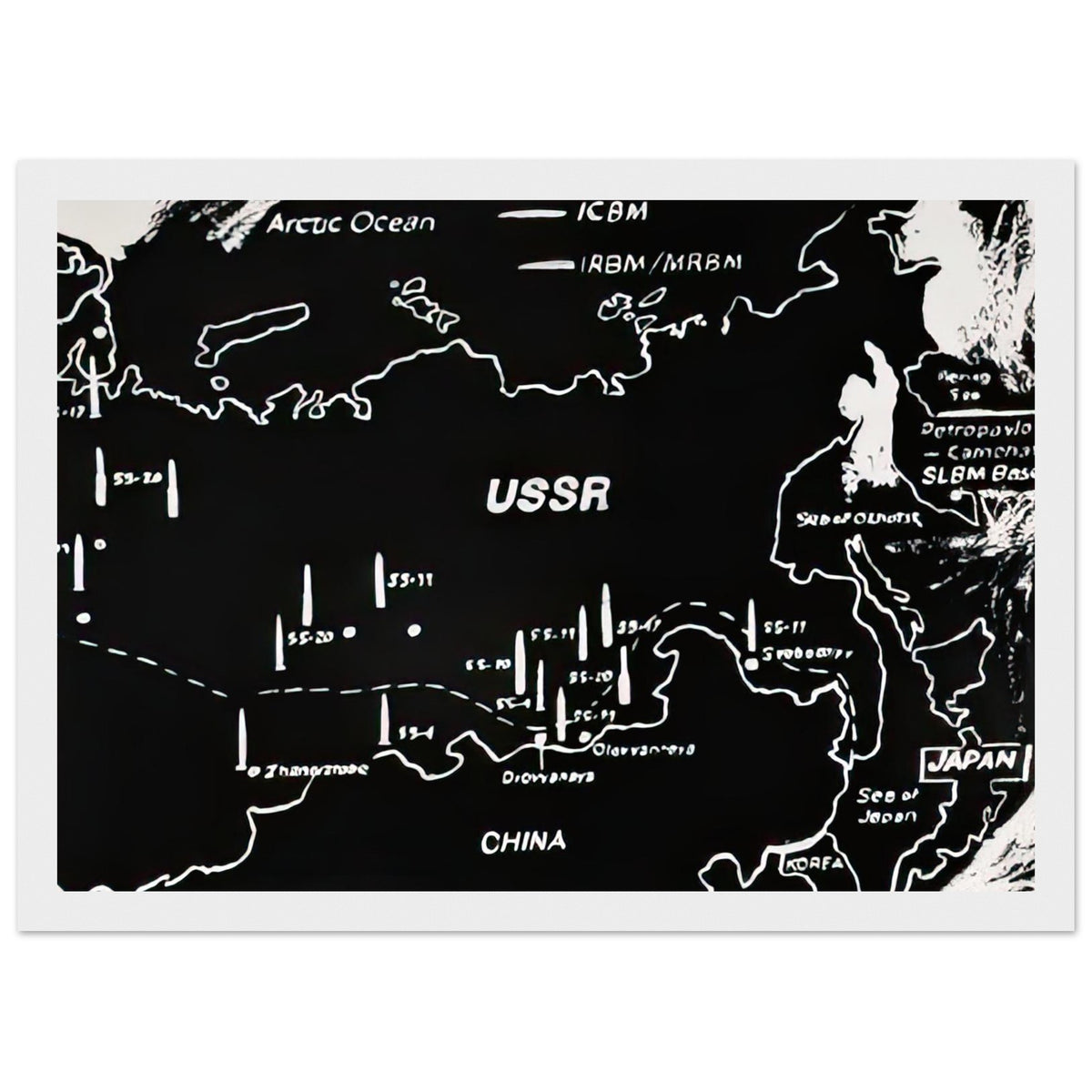 Andy Warhol framed print depicting cartographic outlines and strategic map markings, a detail that connects the composition to its broader artistic subject, white frame, 21x29.7 cm / 8x12"