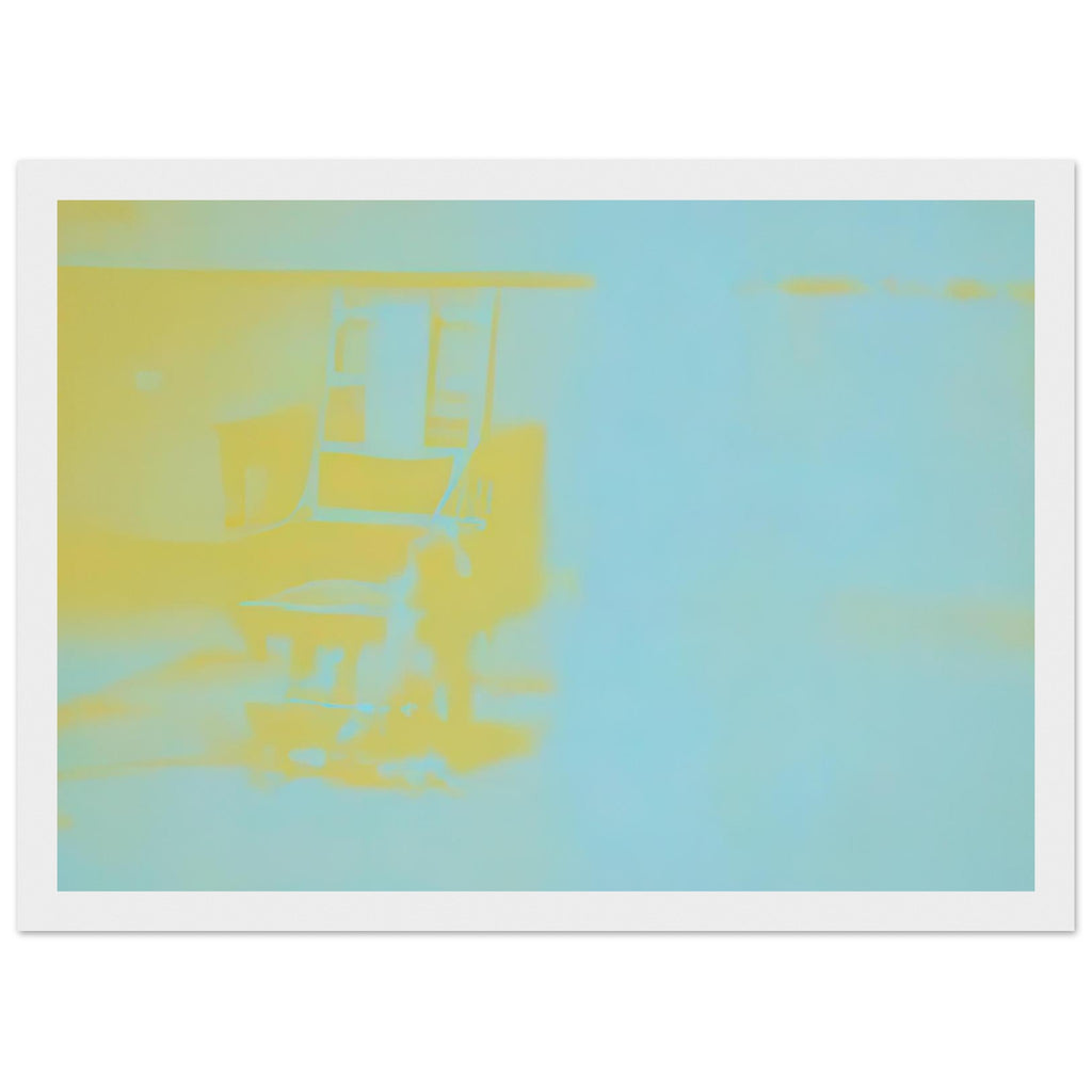 Andy Warhol framed print depicting the stark chair, its surroundings and the tense emptiness of the room, a detail that connects the composition to its broader artistic subject, white frame, 21x29.7 cm / 8x12"