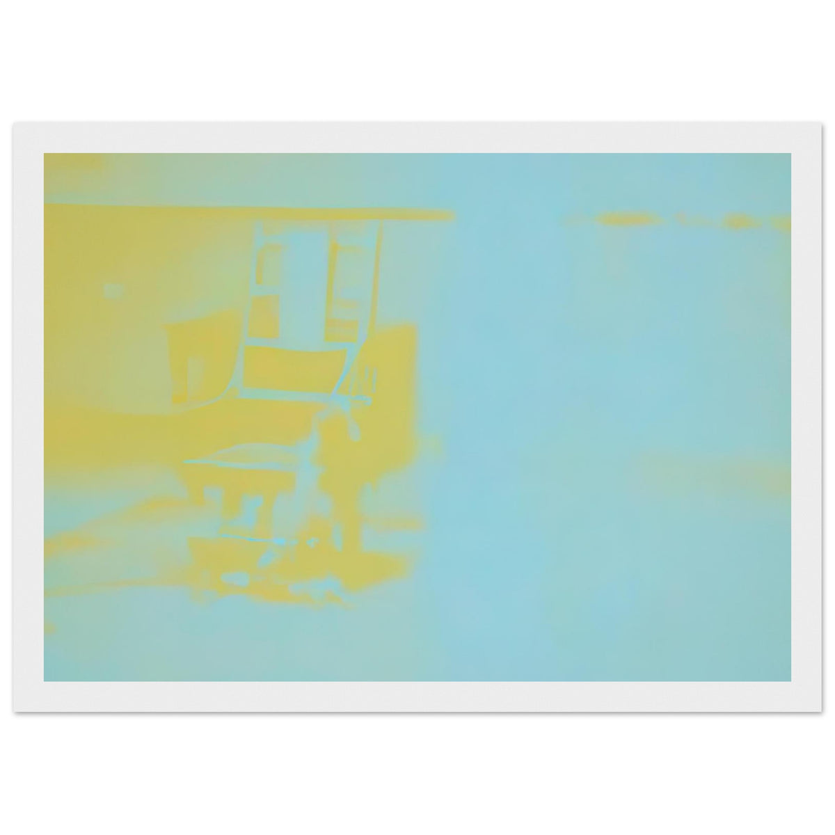 Andy Warhol framed print depicting the stark chair, its surroundings and the tense emptiness of the room, a detail that connects the composition to its broader artistic subject, white frame, 21x29.7 cm / 8x12"
