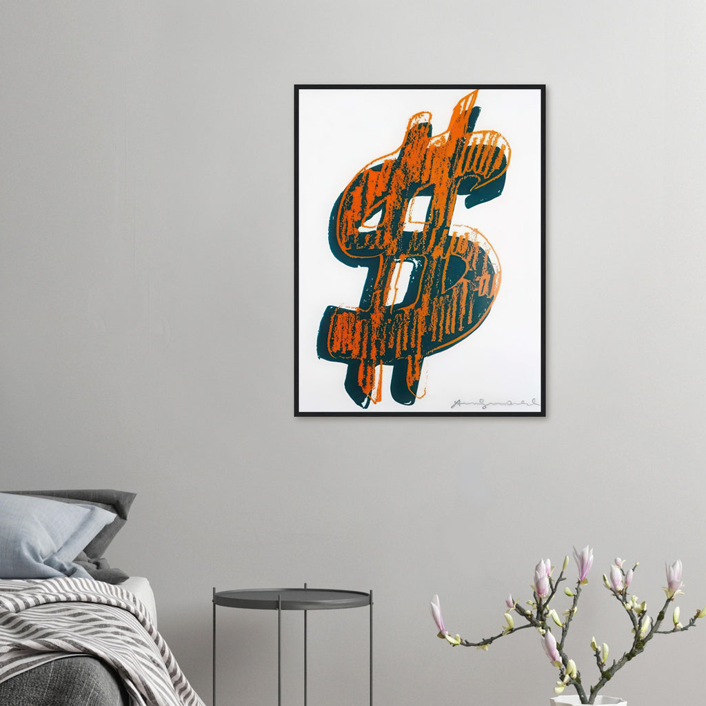 Andy Warhol framed print depicting the repeated or isolated currency mark operates like a logo: simple, recognizable and assertive