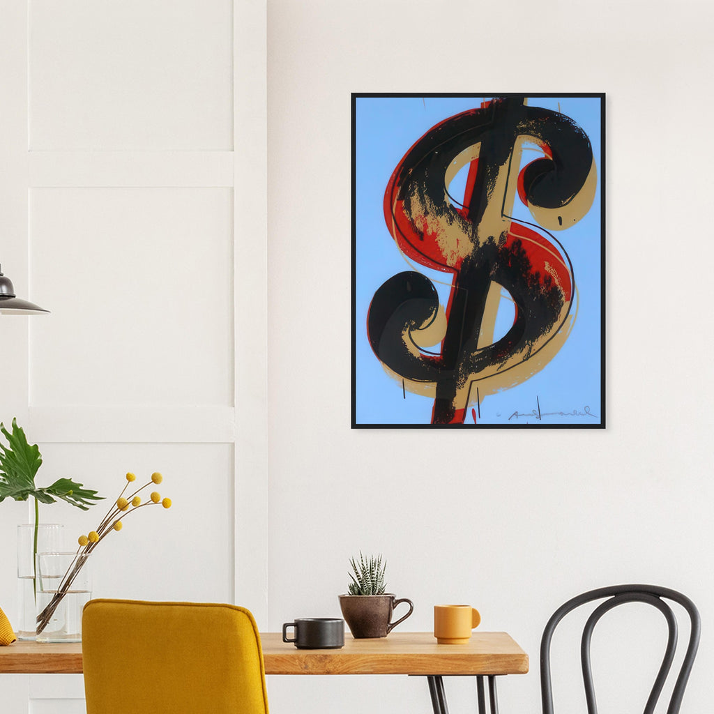 Andy Warhol framed print depicting the repeated or isolated currency mark operates like a logo: simple, recognizable and assertive