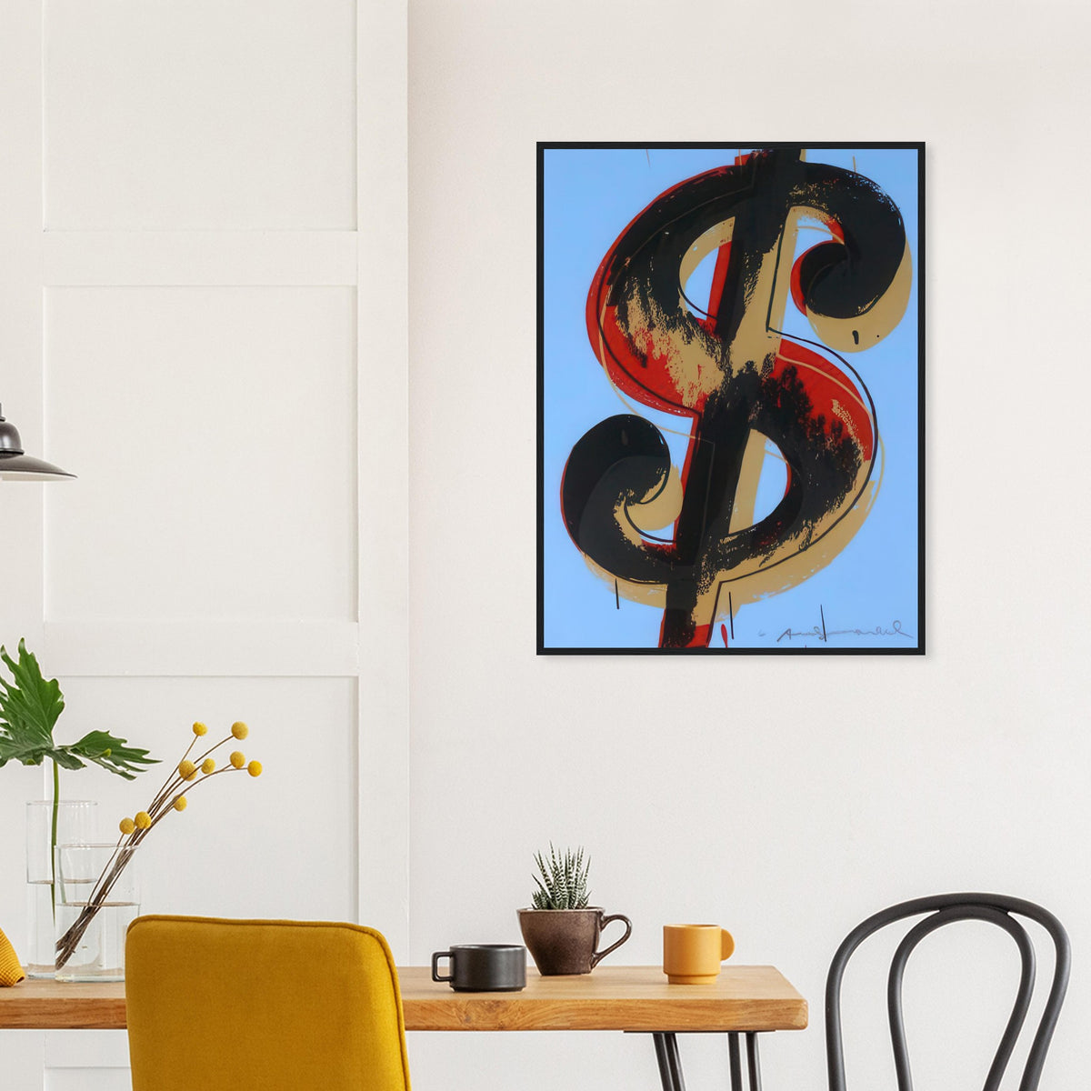 Andy Warhol framed print depicting the repeated or isolated currency mark operates like a logo: simple, recognizable and assertive