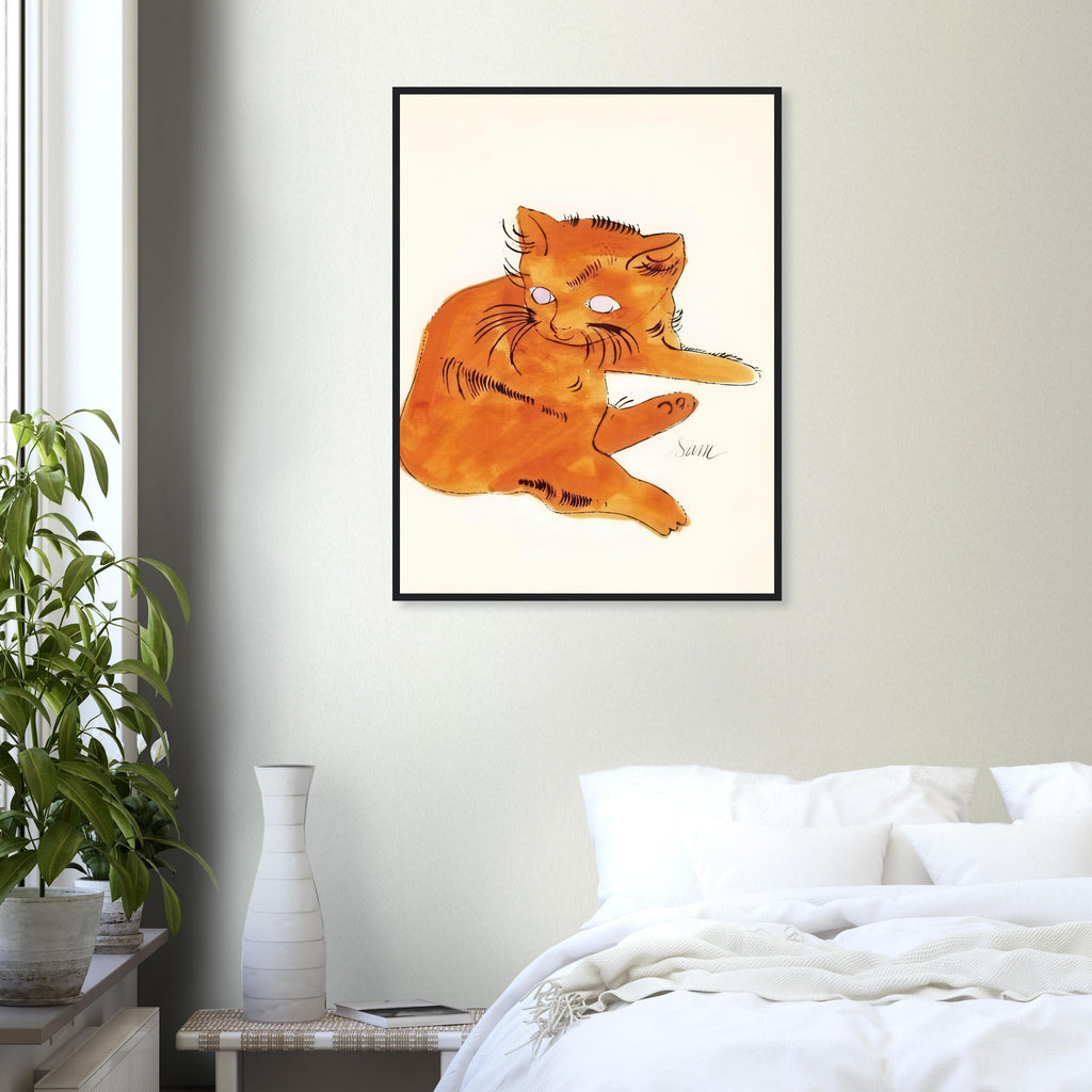 Andy Warhol framed print depicting a spare contour drawing gives the animal its personality, while uncomplicated forms keep the focus on the cat’s outline and pose