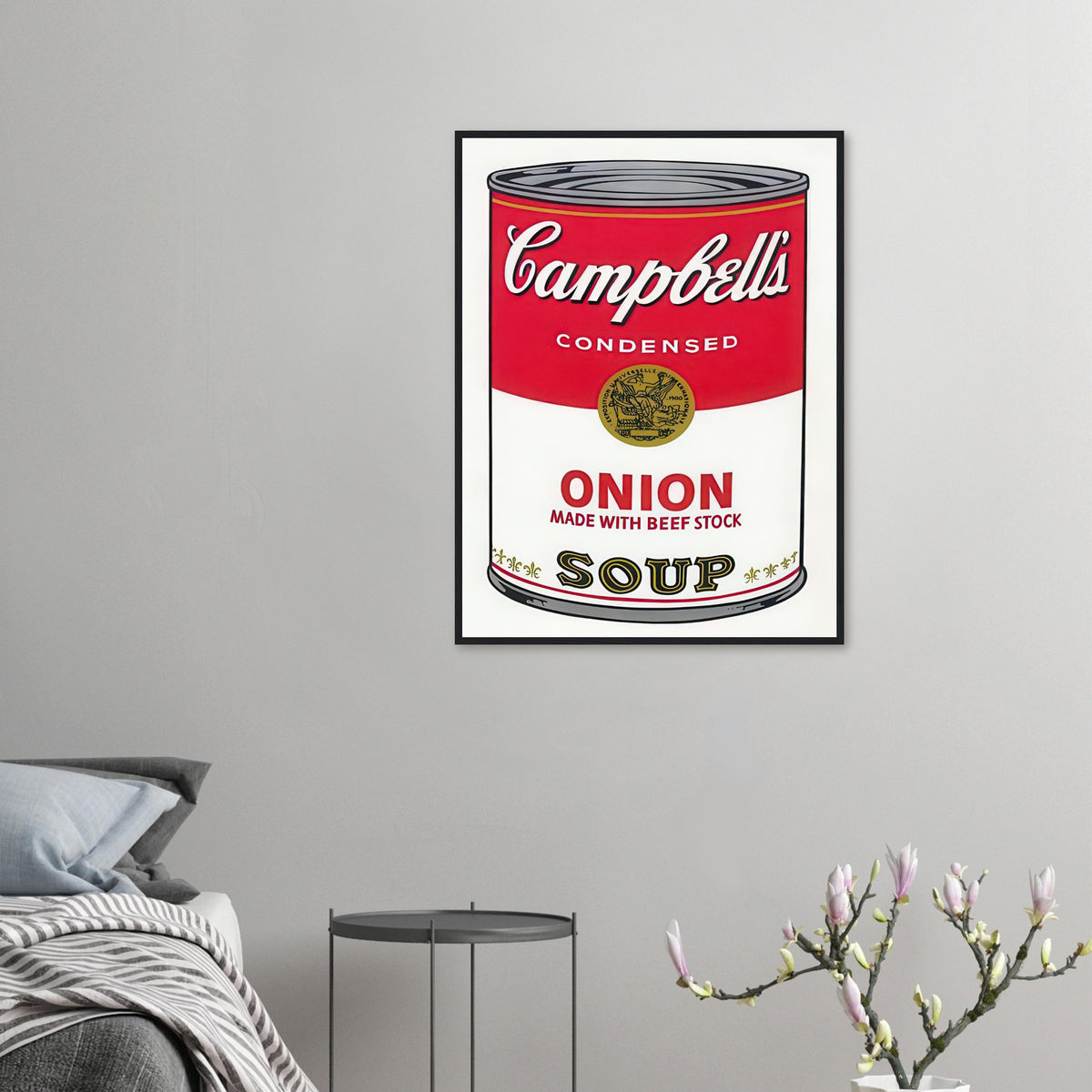 Andy Warhol framed print depicting the instantly legible soup-can silhouette, packaging lettering and product name create a highly recognizable commercial composition