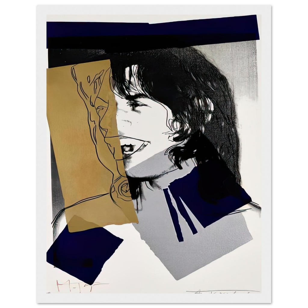 Andy Warhol framed print depicting photographic tones are interrupted by hand-drawn contours, selective colour blocks and cropped facial and bodily details; Warhol’s ten Mick Jagger portraits followed a long friendship with the Rolling Stones singer, including, white frame, 27x35 cm / 11x14″
