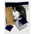 Andy Warhol framed print depicting photographic tones are interrupted by hand-drawn contours, selective colour blocks and cropped facial and bodily details; Warhol’s ten Mick Jagger portraits followed a long friendship with the Rolling Stones singer, including, white frame, 27x35 cm / 11x14″