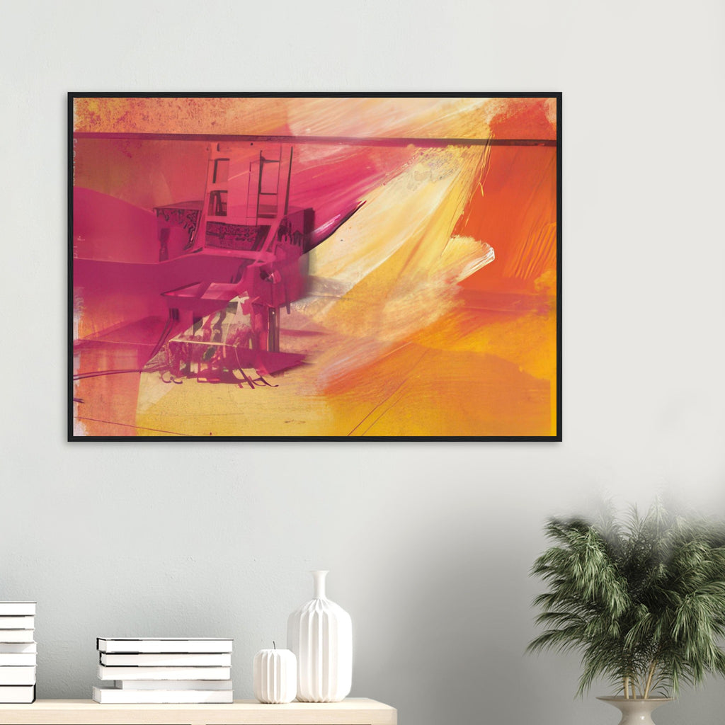 Andy Warhol framed print depicting the stark chair, its surroundings and the tense emptiness of the room, a detail that connects the composition to its broader artistic subject