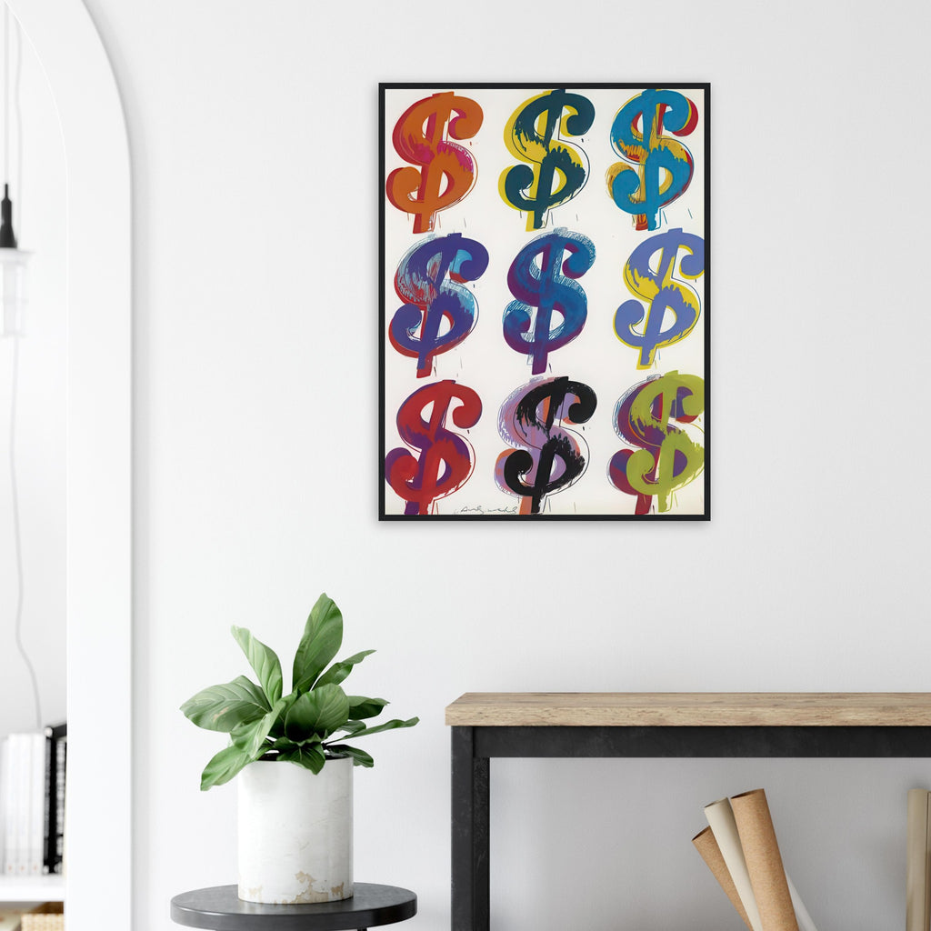 Andy Warhol framed print depicting the repeated or isolated currency mark operates like a logo: simple, recognizable and assertive