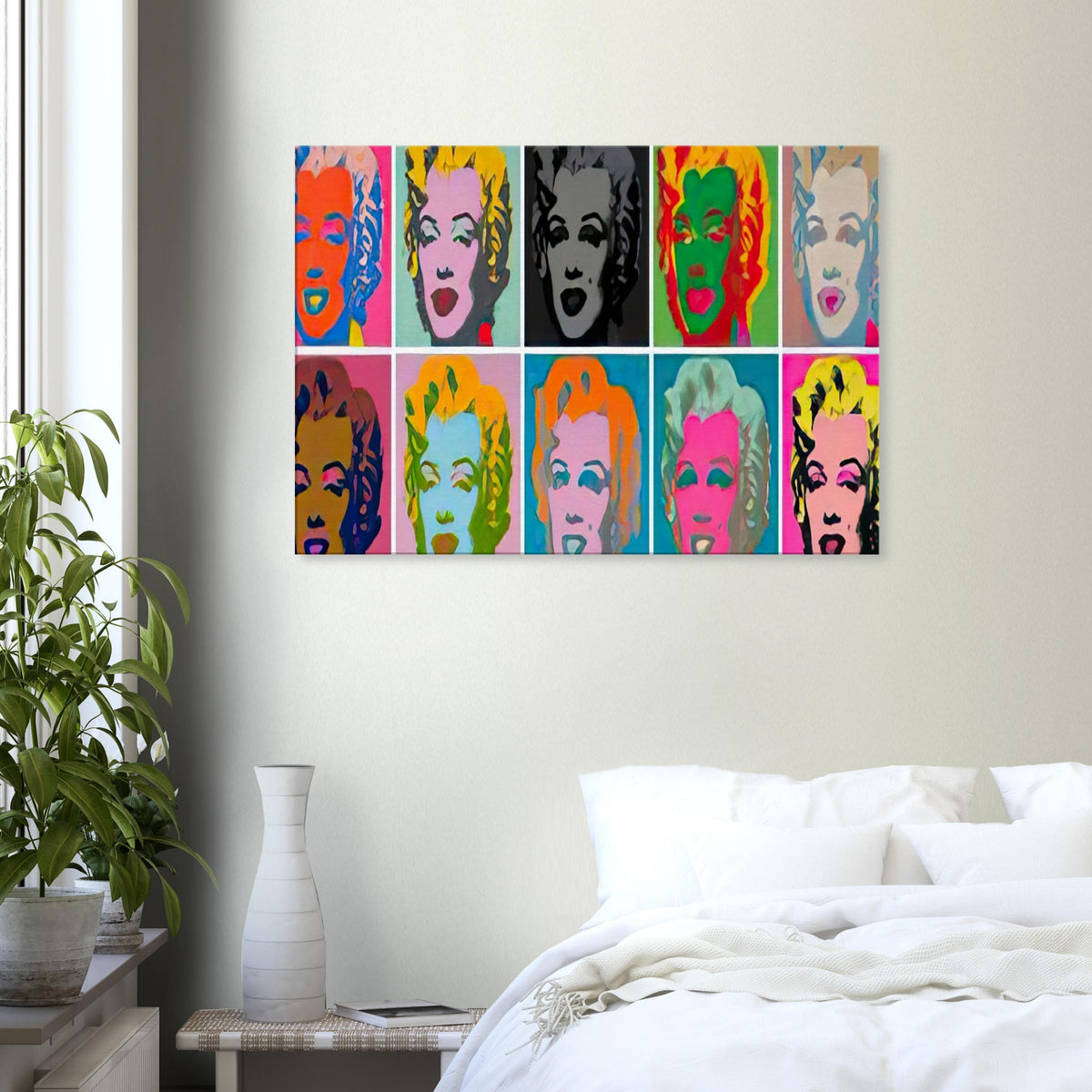 Andy Warhol canvas print depicting a sequence of Marilyn’s recognizable face presented through variations of color and repetition, a detail that connects the composition to its broader artistic