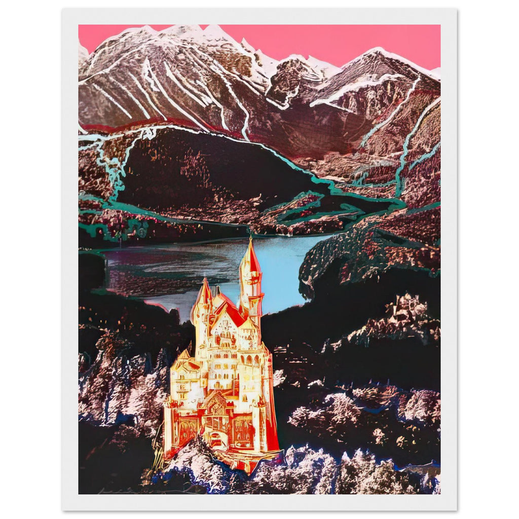 Andy Warhol framed print depicting the Bavarian castle glows in orange-red and yellow above a lake, while blue outlines and a bright-pink sky dominate the Alpine setting; Warhol’s image of Neuschwanstein Castle translates a heavily photographed Bavarian landmark into Pop Art, white frame, 27x35 cm / 11x14″