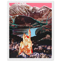 Andy Warhol framed print depicting the Bavarian castle glows in orange-red and yellow above a lake, while blue outlines and a bright-pink sky dominate the Alpine setting; Warhol’s image of Neuschwanstein Castle translates a heavily photographed Bavarian landmark into Pop Art, white frame, 27x35 cm / 11x14″