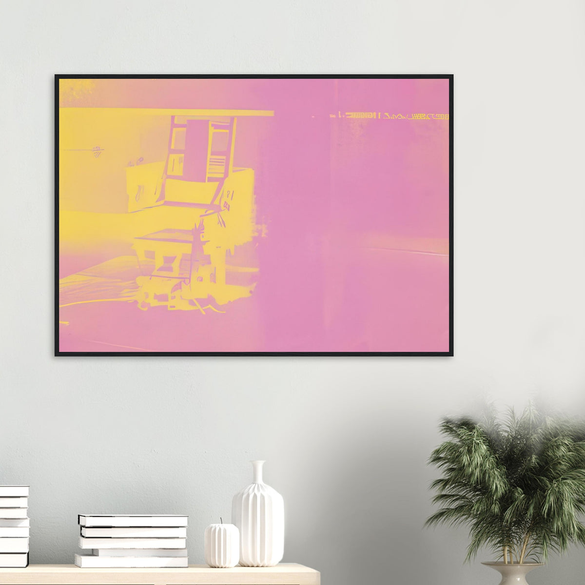 Andy Warhol framed print depicting the stark chair, its surroundings and the tense emptiness of the room, a detail that connects the composition to its broader artistic subject