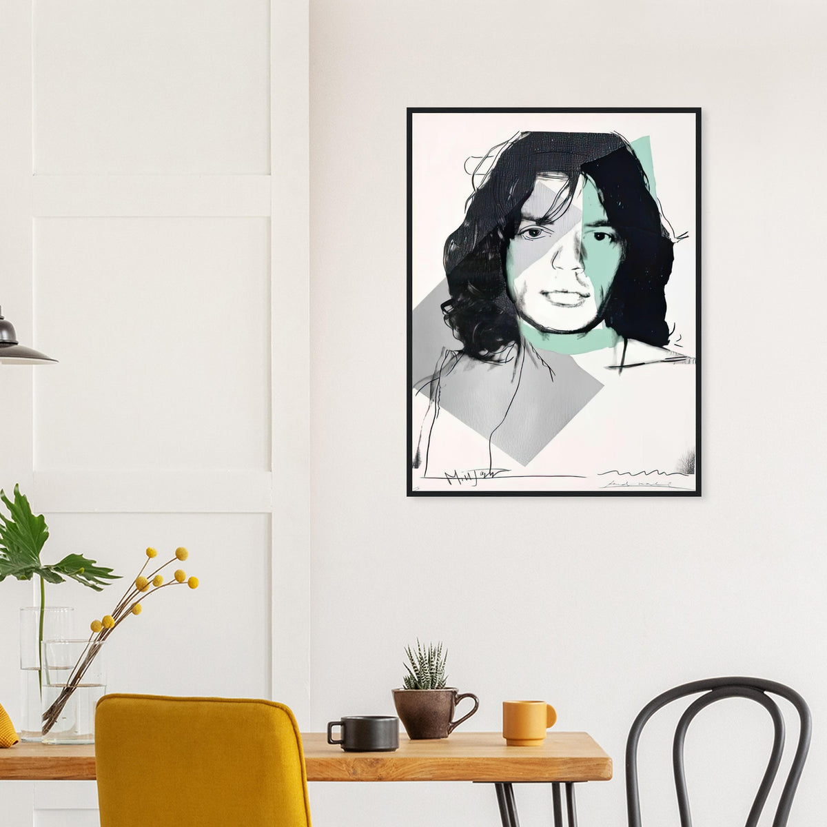 Andy Warhol framed print depicting a three-quarter portrait overlays green and grey colour fields; careful drawn contours place unusual emphasis on the singer’s eye; Warhol’s ten Mick Jagger portraits followed a long friendship with the Rolling Stones singer, including