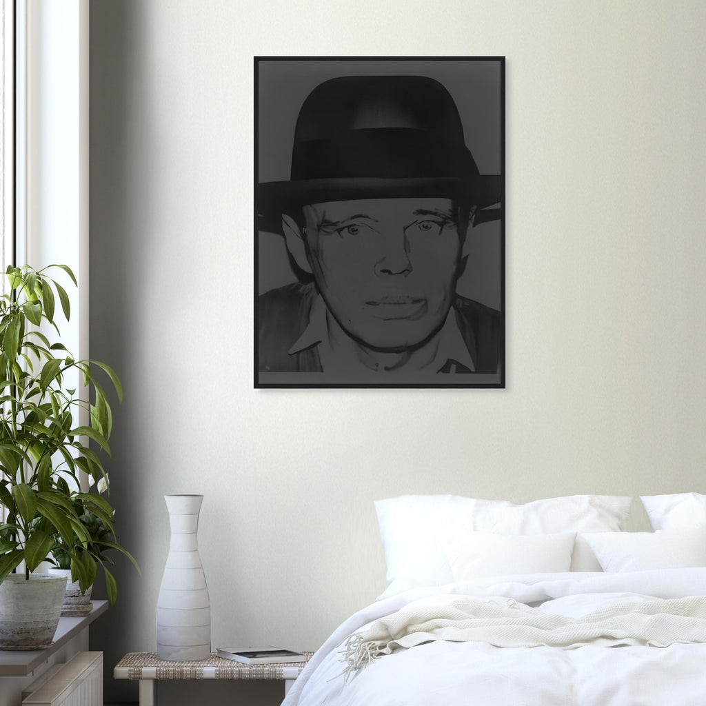 Andy Warhol framed print depicting beuys faces the viewer wearing his characteristic brimmed felt hat; Warhol portrayed fellow artist Joseph Beuys after photographing him in 1979