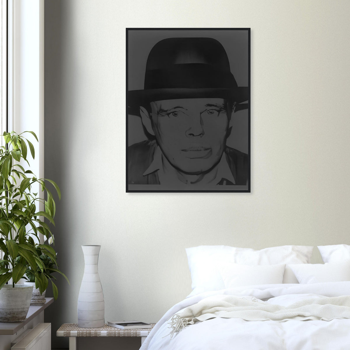 Andy Warhol framed print depicting beuys faces the viewer wearing his characteristic brimmed felt hat; Warhol portrayed fellow artist Joseph Beuys after photographing him in 1979
