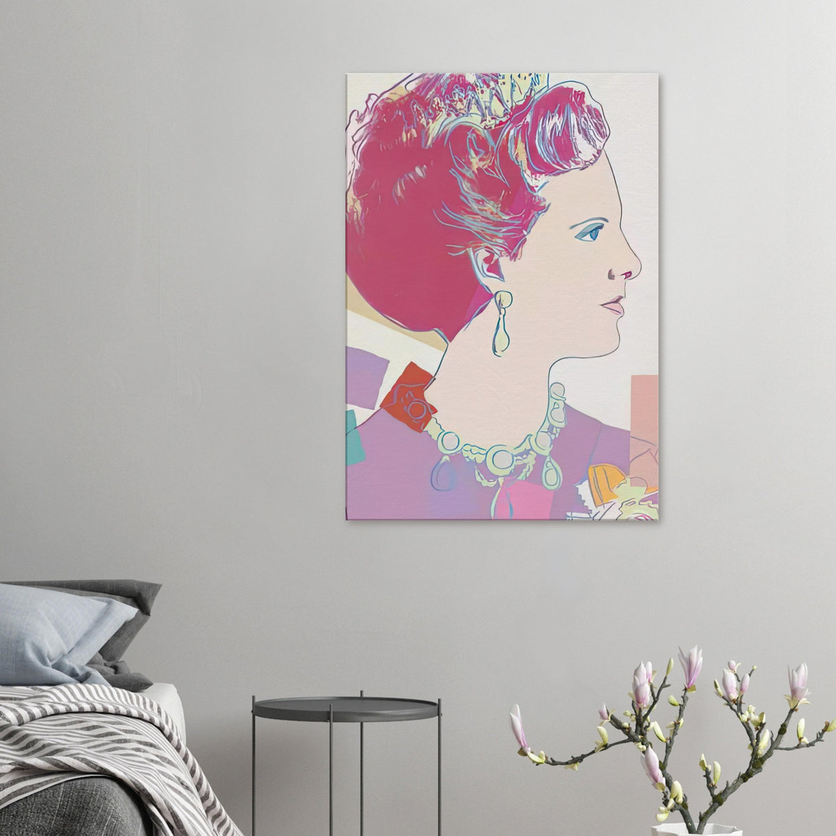 Andy Warhol canvas print depicting the recognizable royal portrait becomes a strong graphic focal point