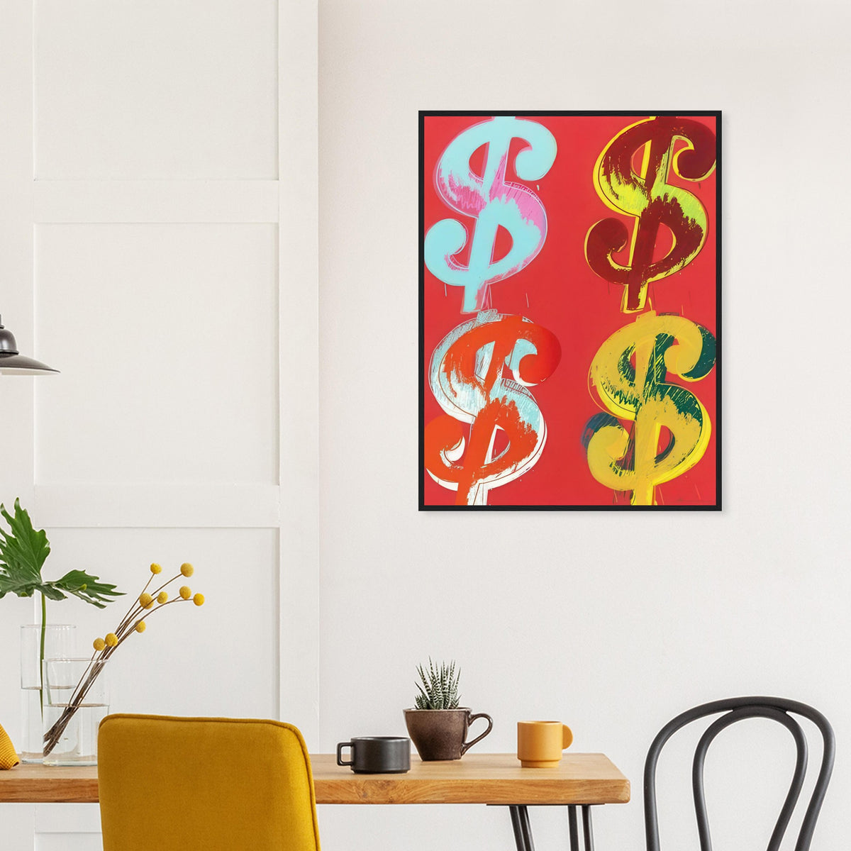 Andy Warhol framed print depicting the repeated or isolated currency mark operates like a logo: simple, recognizable and assertive