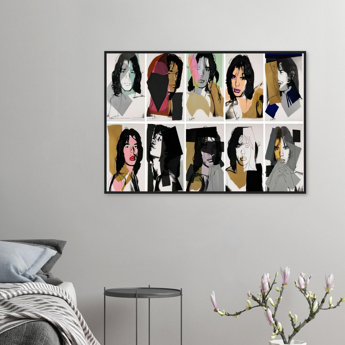 Andy Warhol framed print depicting close-up rock-star portraiture and layered graphic contours, a detail that connects the composition to its broader artistic subject