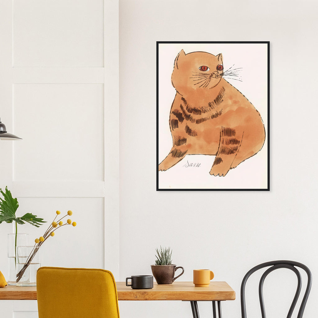 Andy Warhol framed print depicting a spare contour drawing gives the animal its personality, while uncomplicated forms keep the focus on the cat’s outline and pose