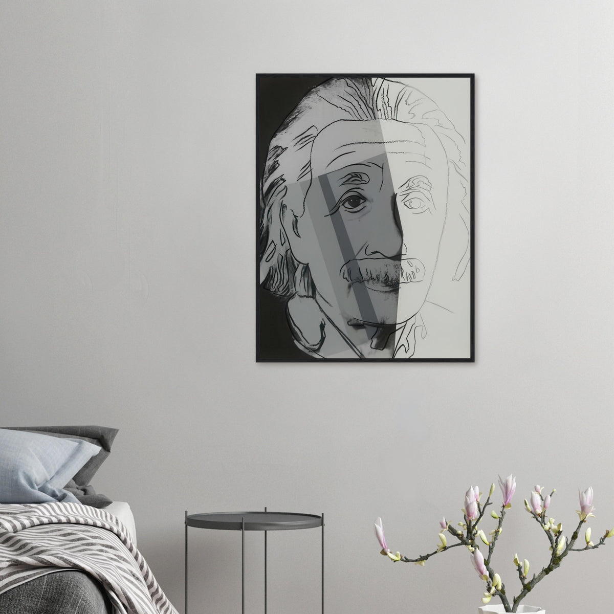 Andy Warhol framed print depicting the image centers on a distinctive likeness rather than narrative scenery; line and simplified contrast make the person the focus