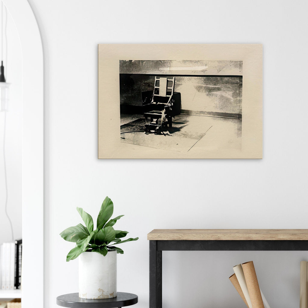 Andy Warhol canvas print depicting the stark chair, its surroundings and the tense emptiness of the room, a detail that connects the composition to its broader artistic subject