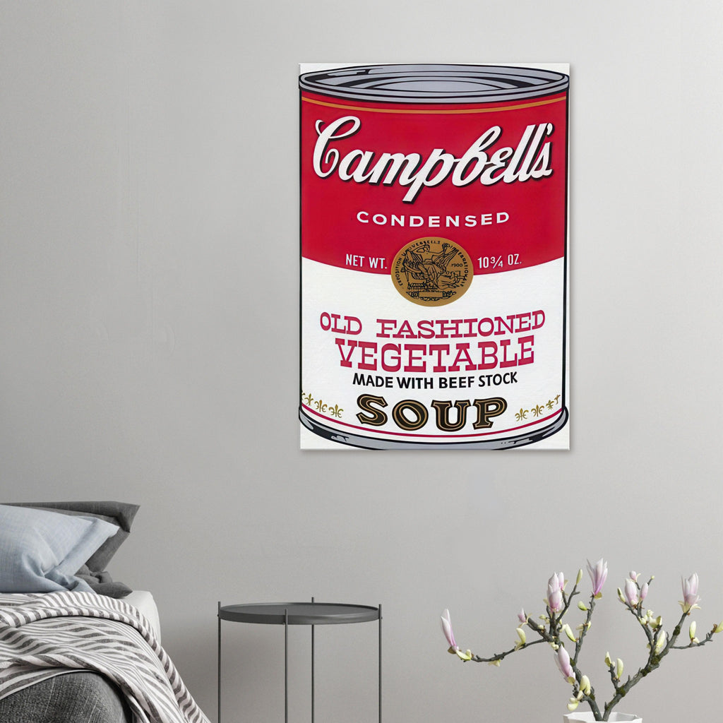 Andy Warhol canvas print depicting the instantly legible soup-can silhouette, packaging lettering and product name create a highly recognizable commercial composition