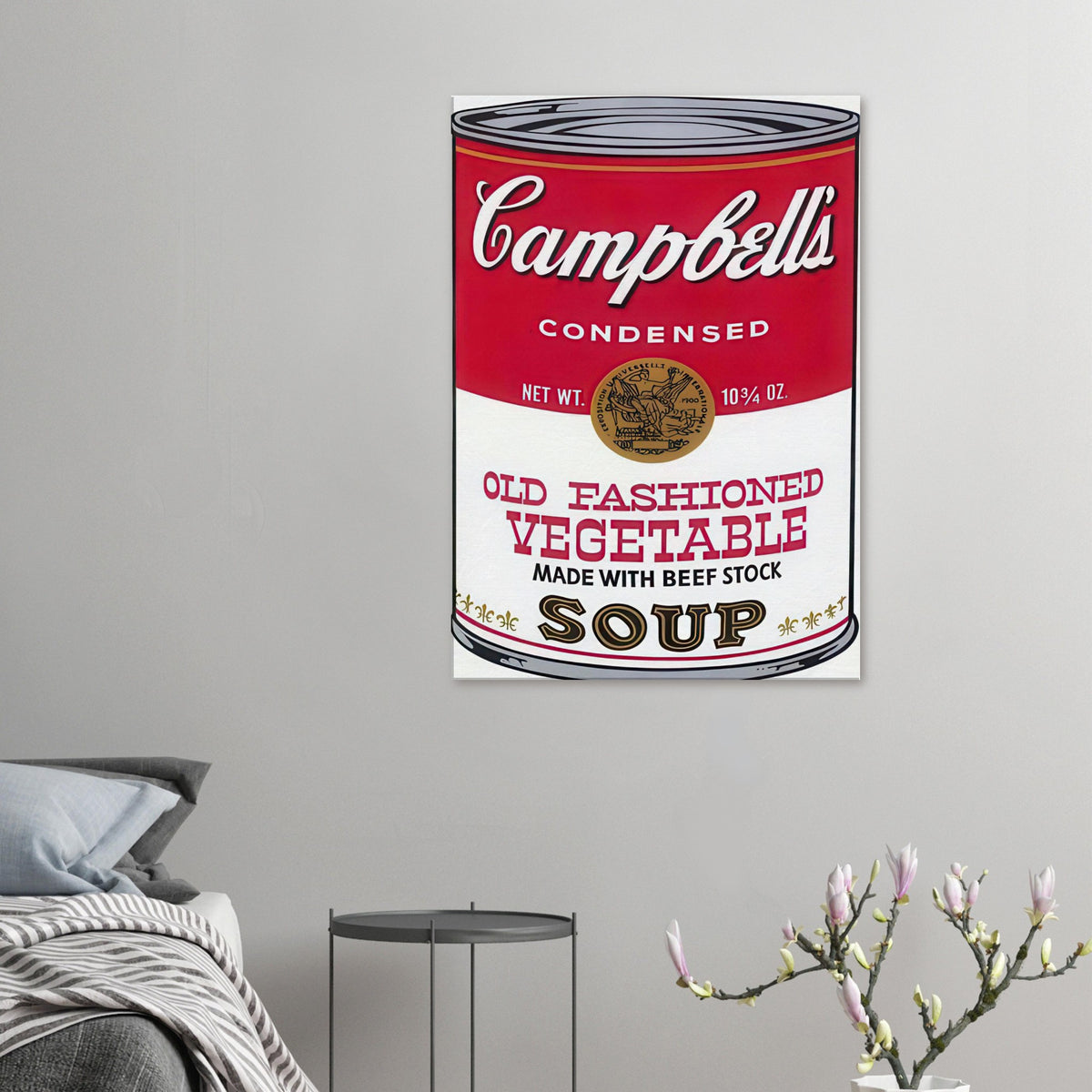 Andy Warhol canvas print depicting the instantly legible soup-can silhouette, packaging lettering and product name create a highly recognizable commercial composition