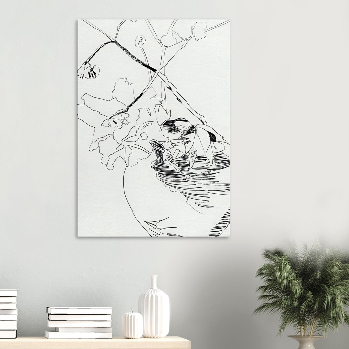 Andy Warhol canvas print depicting the black-and-white treatment emphasizes shapes, texture and the structure of the flowers rather than bright color accents