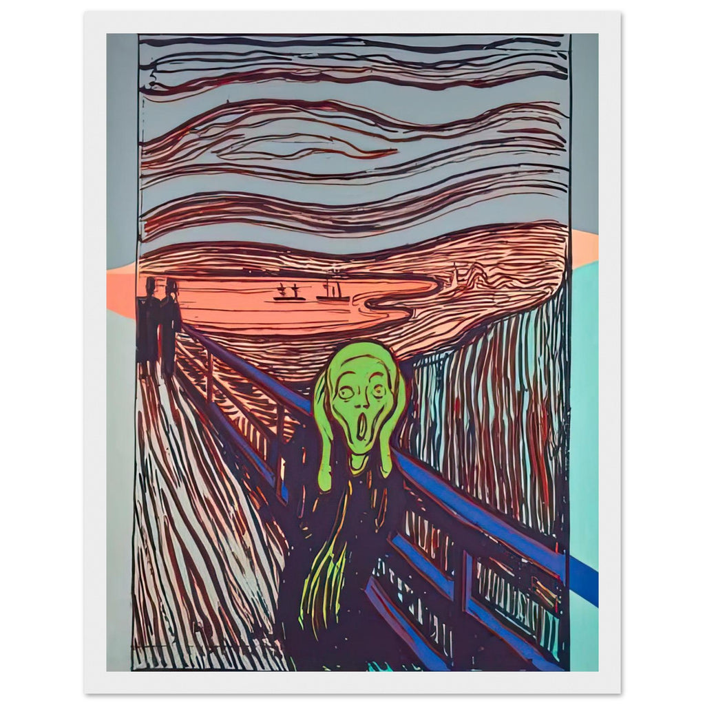 Andy Warhol framed print depicting the familiar anguished figure and its expressive gesture supply a point of recognition; graphic repetition and strong contours shift the emphasis toward the image’s public life as an icon; Warhol’s work titled The Scream references a famous expressionist image, a reminder that he sometimes, white frame, 27x35 cm / 11x14″
