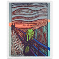 Andy Warhol framed print depicting the familiar anguished figure and its expressive gesture supply a point of recognition; graphic repetition and strong contours shift the emphasis toward the image’s public life as an icon; Warhol’s work titled The Scream references a famous expressionist image, a reminder that he sometimes, white frame, 27x35 cm / 11x14″