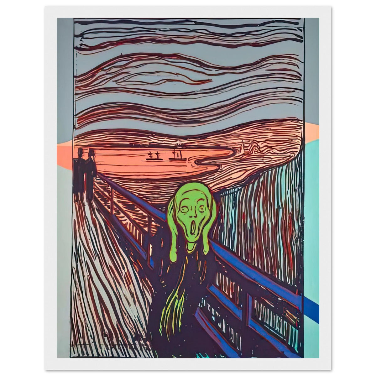 Andy Warhol framed print depicting the familiar anguished figure and its expressive gesture supply a point of recognition; graphic repetition and strong contours shift the emphasis toward the image’s public life as an icon; Warhol’s work titled The Scream references a famous expressionist image, a reminder that he sometimes, white frame, 27x35 cm / 11x14″