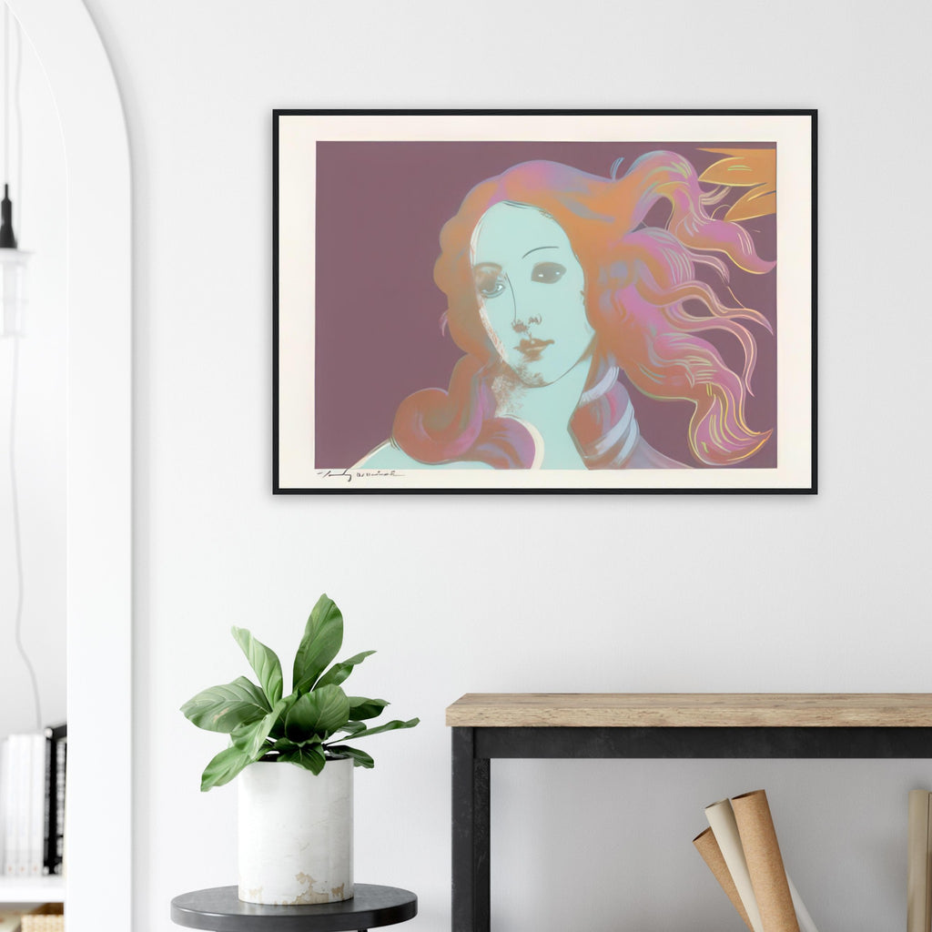 Andy Warhol framed print depicting venus emerging from the sea in a detail from the Renaissance painting, a detail that connects the composition to its broader artistic subject