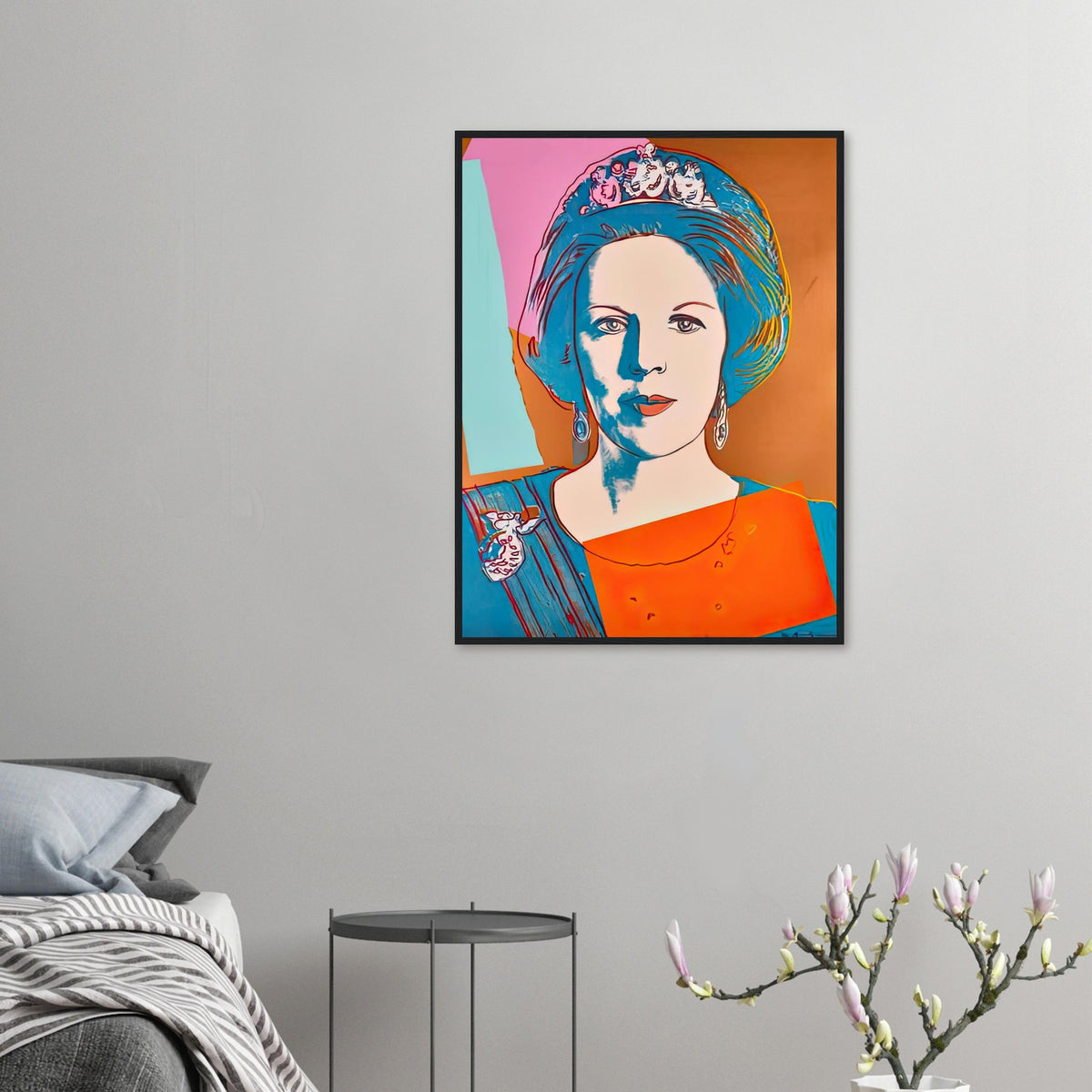 Andy Warhol framed print depicting this work depicts Queen Beatrix of the Netherlands; The Reigning Queens portfolio presented four women who held ruling power in their own right: Elizabeth
