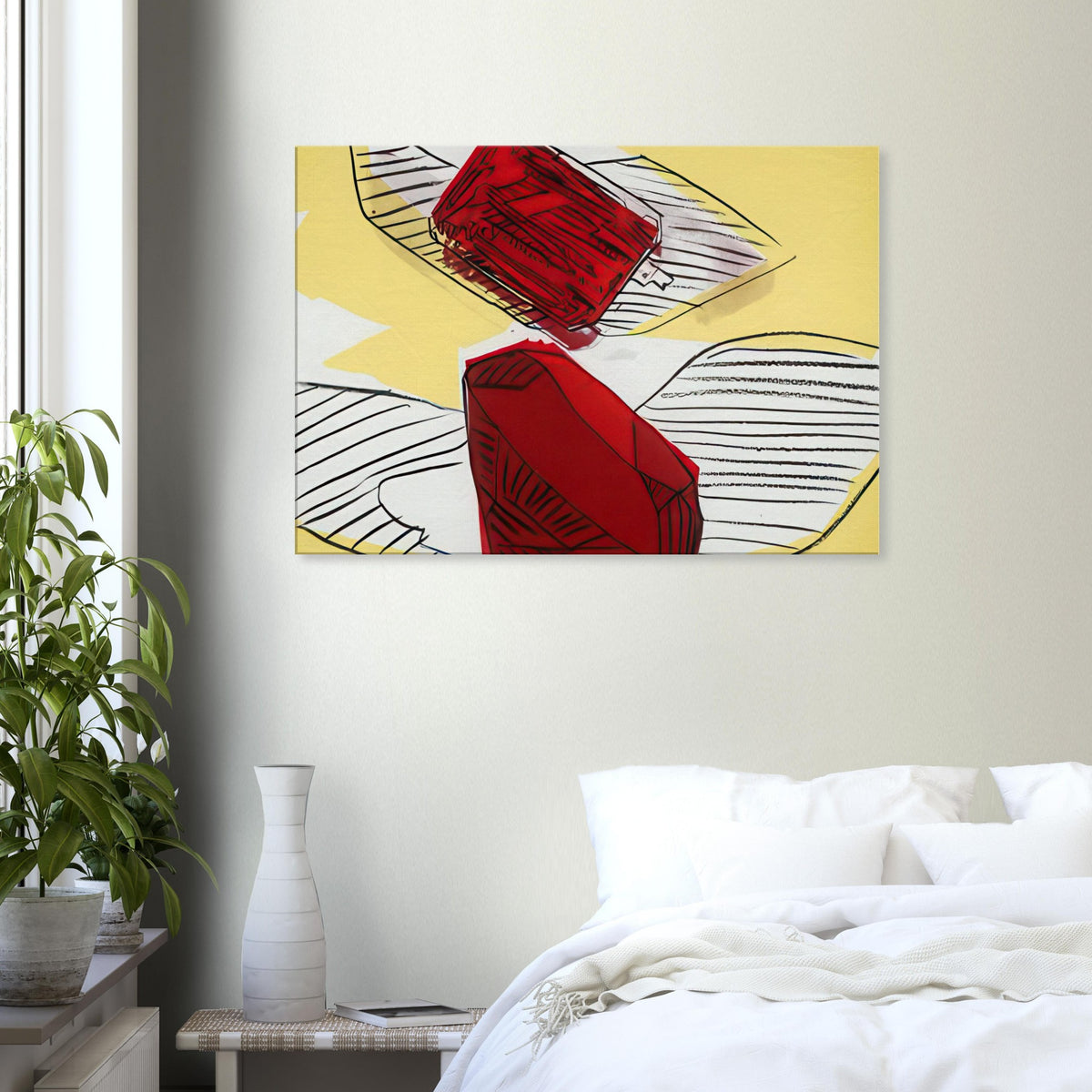 Andy Warhol canvas print depicting jewel-like shapes arranged as luminous graphic forms, a detail that connects the composition to its broader artistic subject