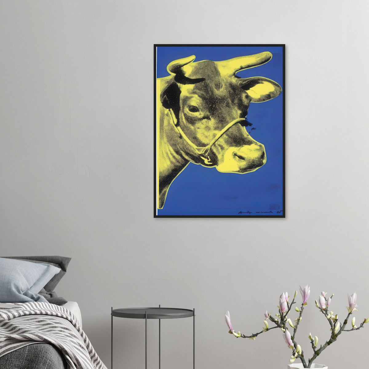 Andy Warhol framed print depicting the cow’s face becomes a bold graphic presence, replacing the gentle mood of traditional animal painting with irreverent visual impact