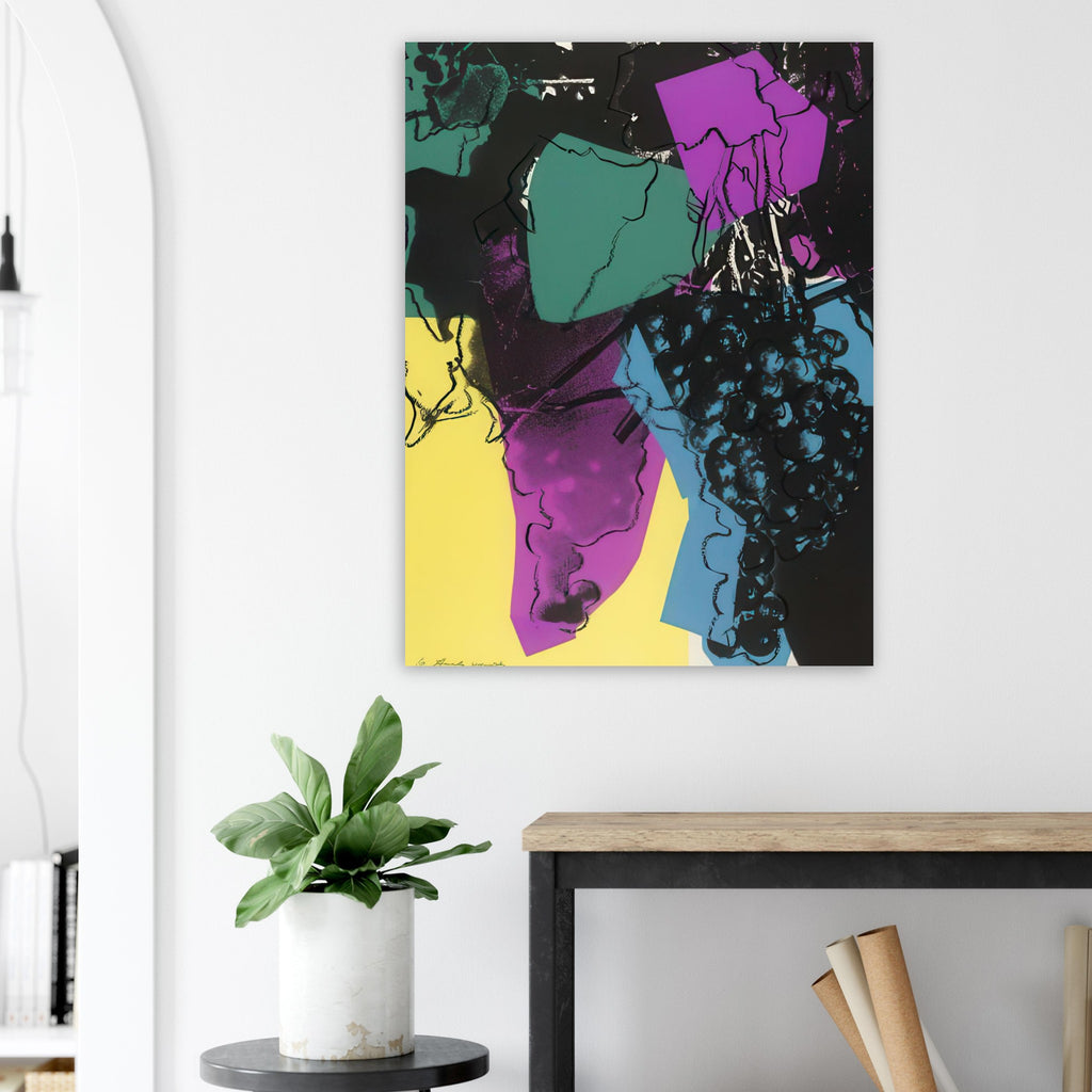 Andy Warhol poster depicting rounded grape forms and flowing stems provide a decorative rhythm, while the composition feels more graphic than naturalistic