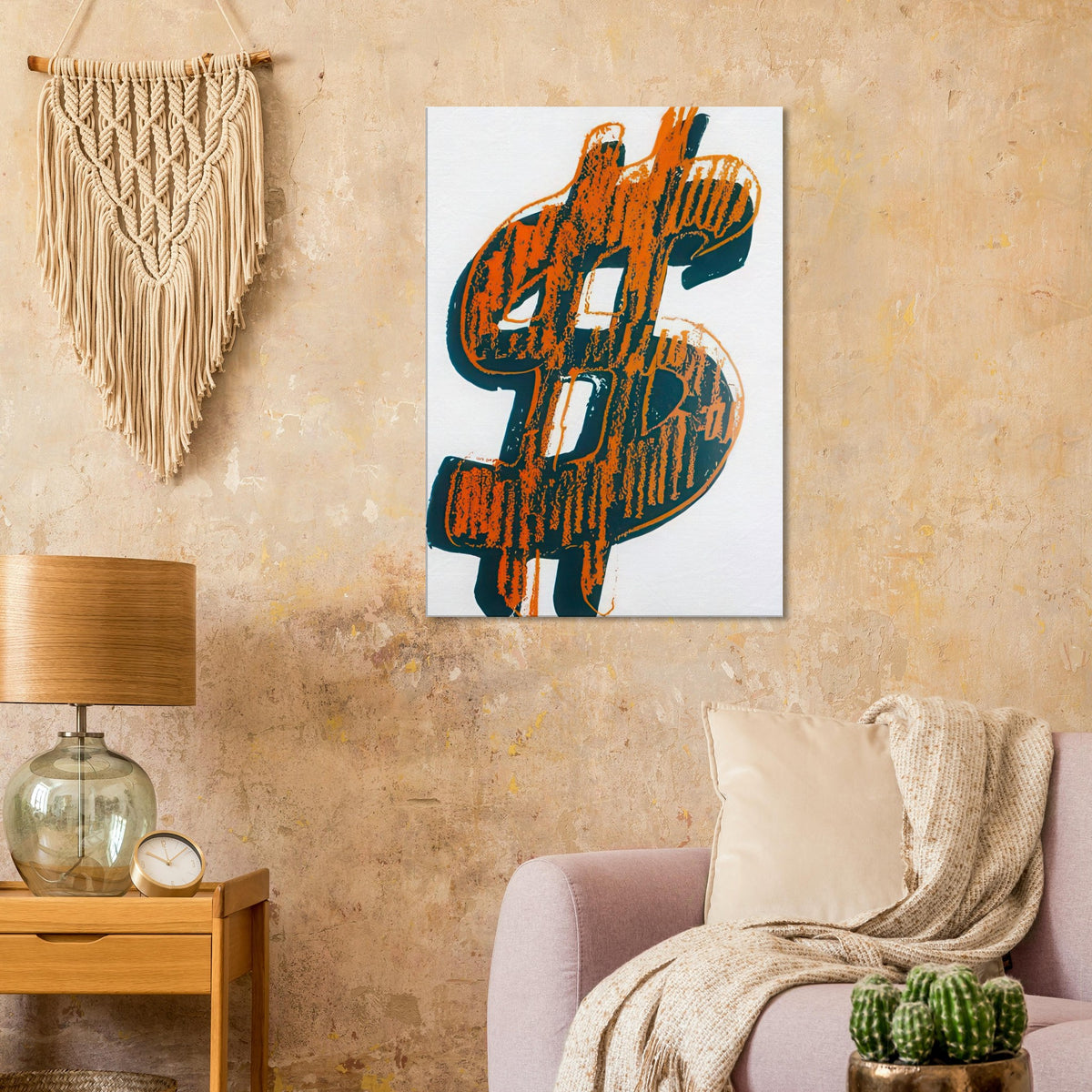 Andy Warhol canvas print depicting the repeated or isolated currency mark operates like a logo: simple, recognizable and assertive
