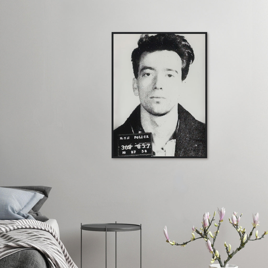 Andy Warhol framed print depicting an identification slate pinned to the young man’s jacket reveals the image as a mugshot rather than a glamorous portrait; John Joseph H No