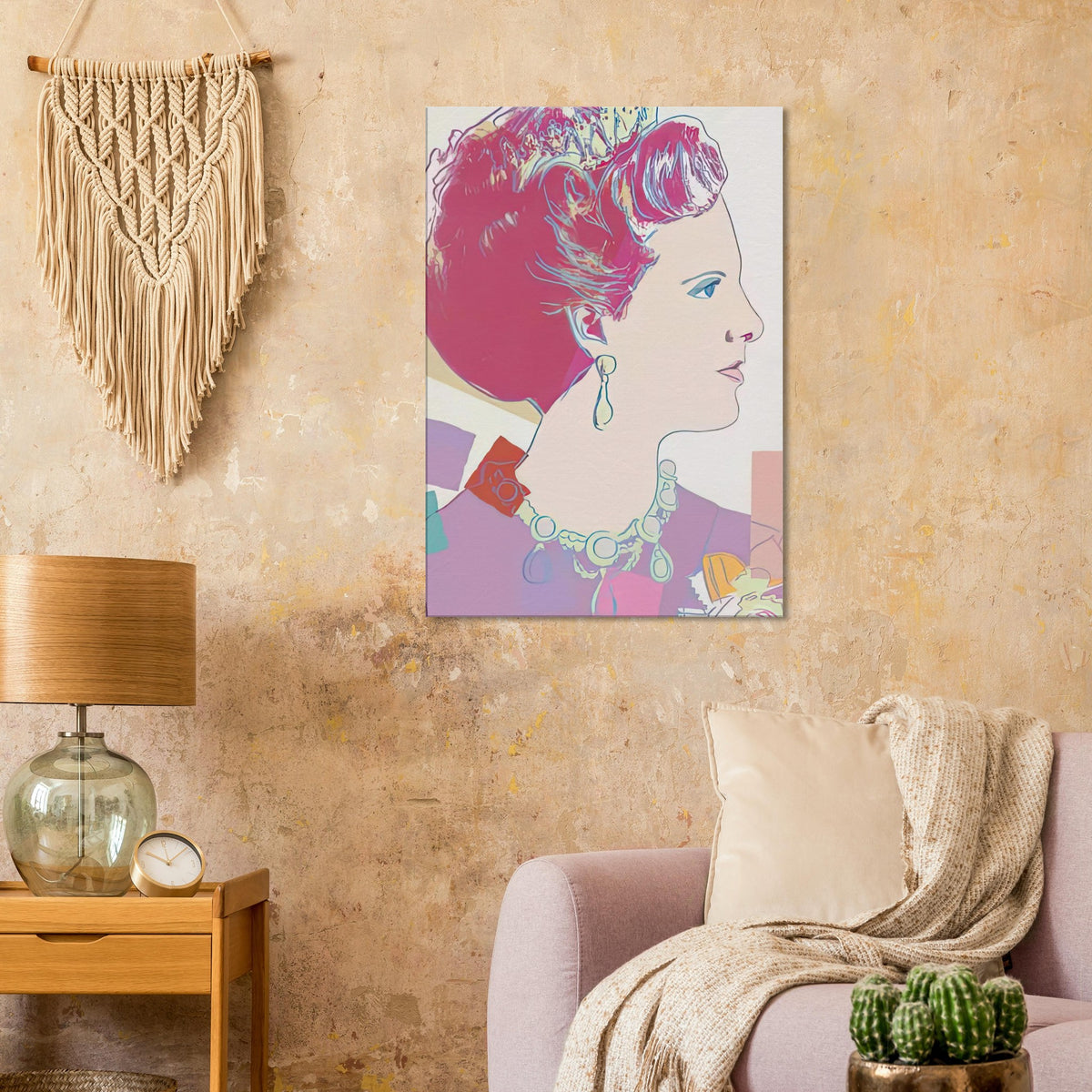 Andy Warhol canvas print depicting the recognizable royal portrait becomes a strong graphic focal point
