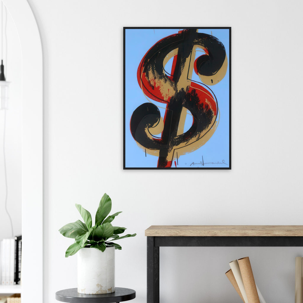 Andy Warhol framed print depicting the repeated or isolated currency mark operates like a logo: simple, recognizable and assertive