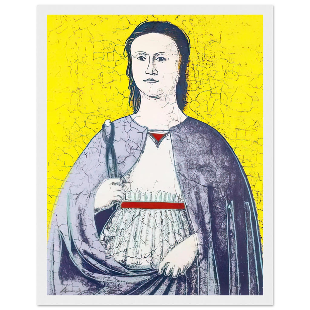 Andy Warhol framed print depicting the saint’s solemn presence, her symbolic attribute and the cracked appearance of the source painting remain visible; Warhol’s Saint Apollonia portfolio draws upon a Renaissance devotional image associated with Piero della, white frame, 27x35 cm / 11x14″