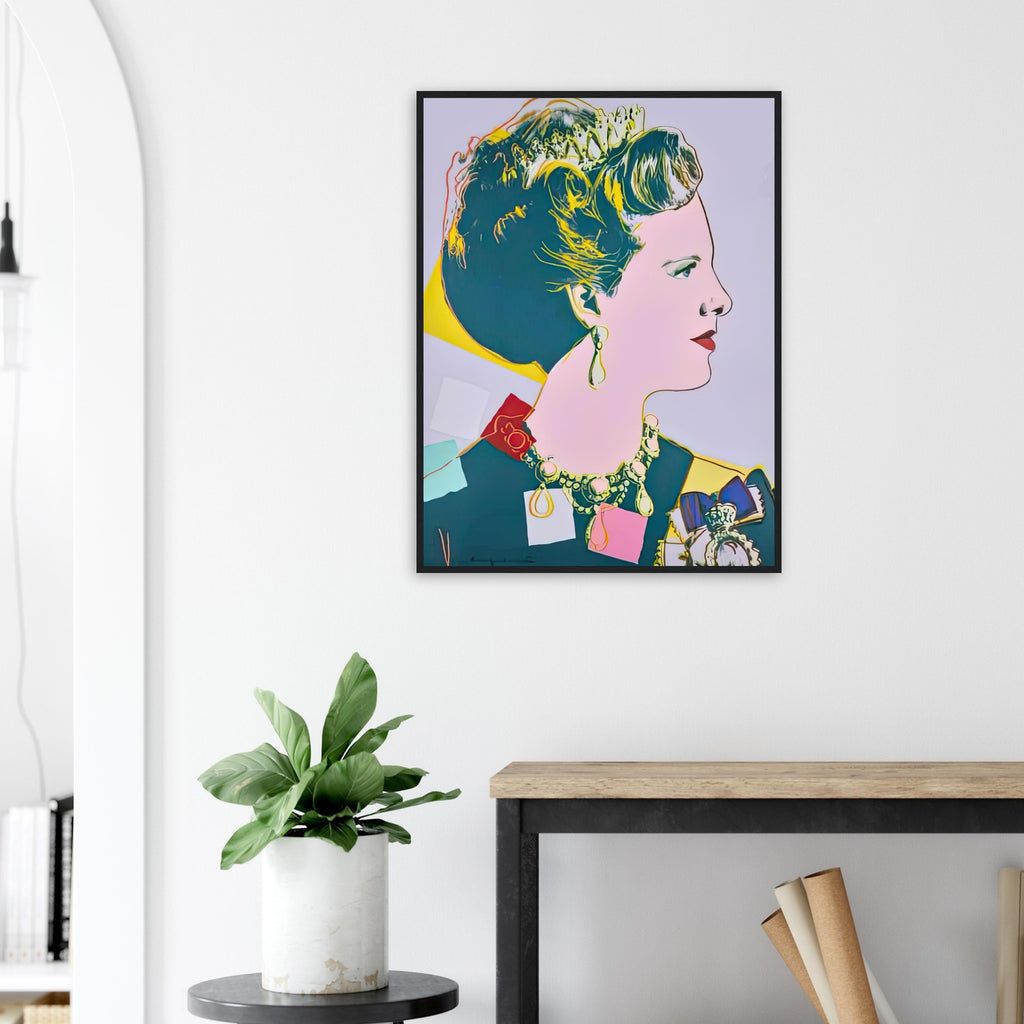 Andy Warhol framed print depicting this work depicts Queen Margrethe II of Denmark; The Reigning Queens portfolio presented four women who held ruling power in their own right: Elizabeth