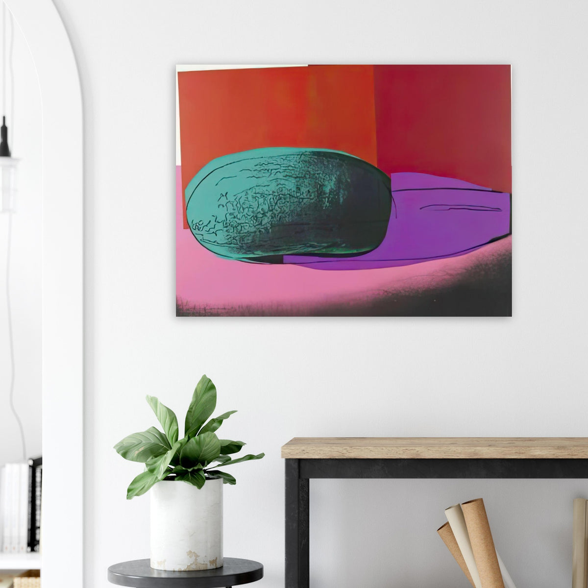 Andy Warhol poster depicting rounded fruit forms, expressive edges and the recognizable shapes of watermelon, a detail that connects the composition to its broader artistic subject