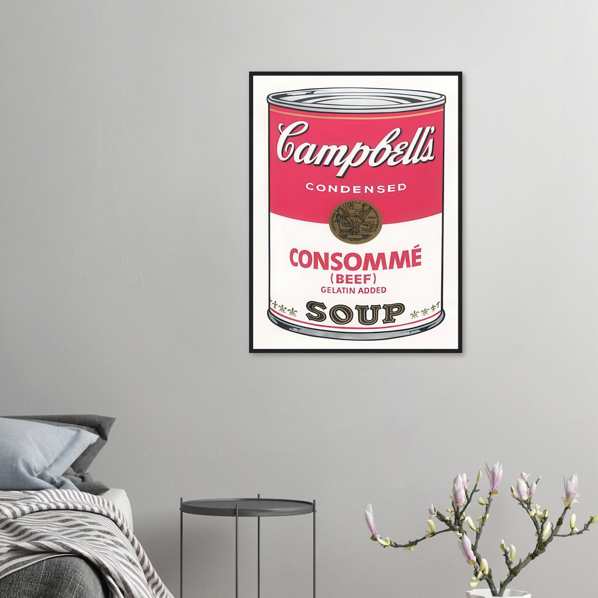 Andy Warhol framed print depicting the instantly legible soup-can silhouette, packaging lettering and product name create a highly recognizable commercial composition