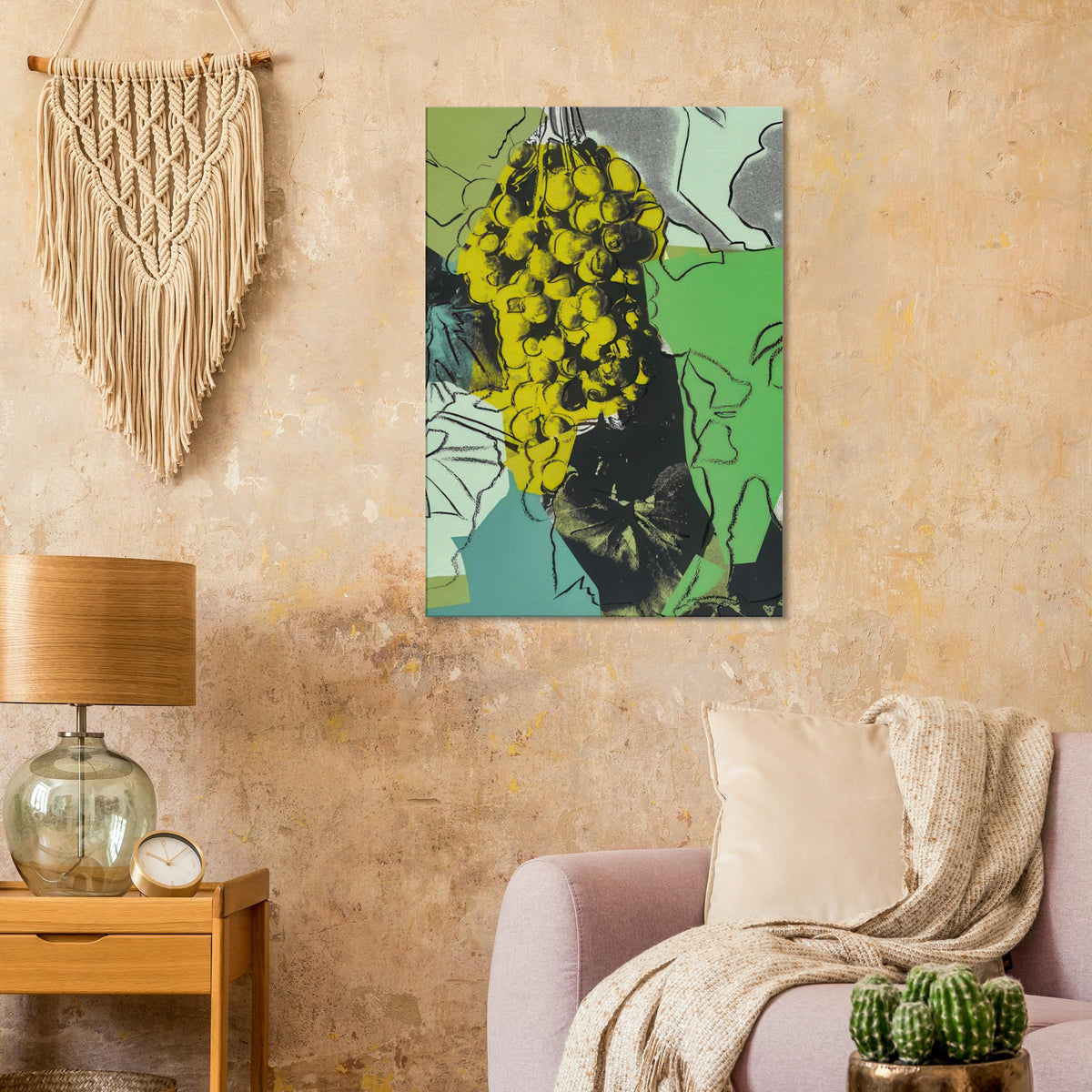 Andy Warhol canvas print depicting rounded grape forms and flowing stems provide a decorative rhythm, while the composition feels more graphic than naturalistic