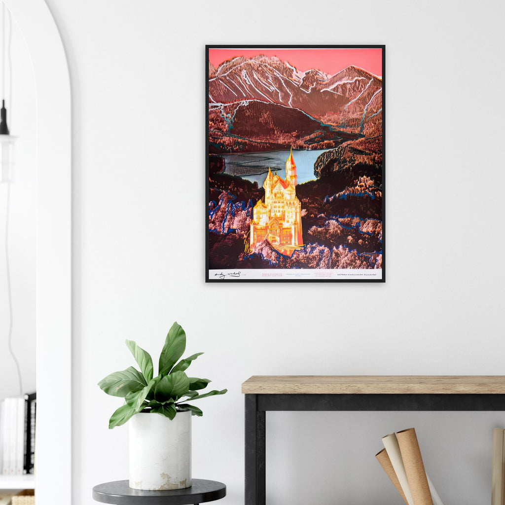 Andy Warhol framed print depicting the alpine castle stands against mountain slopes, a lake and a dramatic sky; Warhol’s image of Neuschwanstein Castle translates a heavily photographed Bavarian landmark into Pop Art